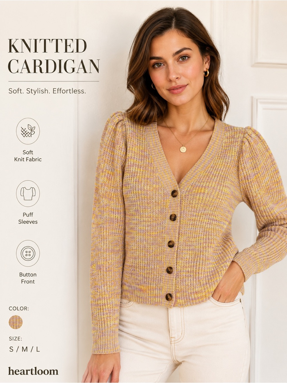 Heartloom Yellow Lavender Marled Ribbed Button Cardigan